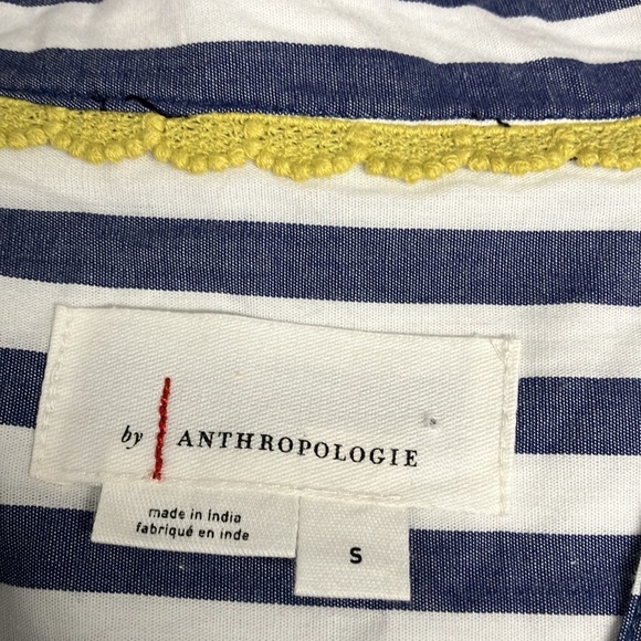 Anthropologie 100% Cotton Blue & White Stripe 3/4 Drop Puff Sleeve Top Sz S- EUC - Picture 3 of 9